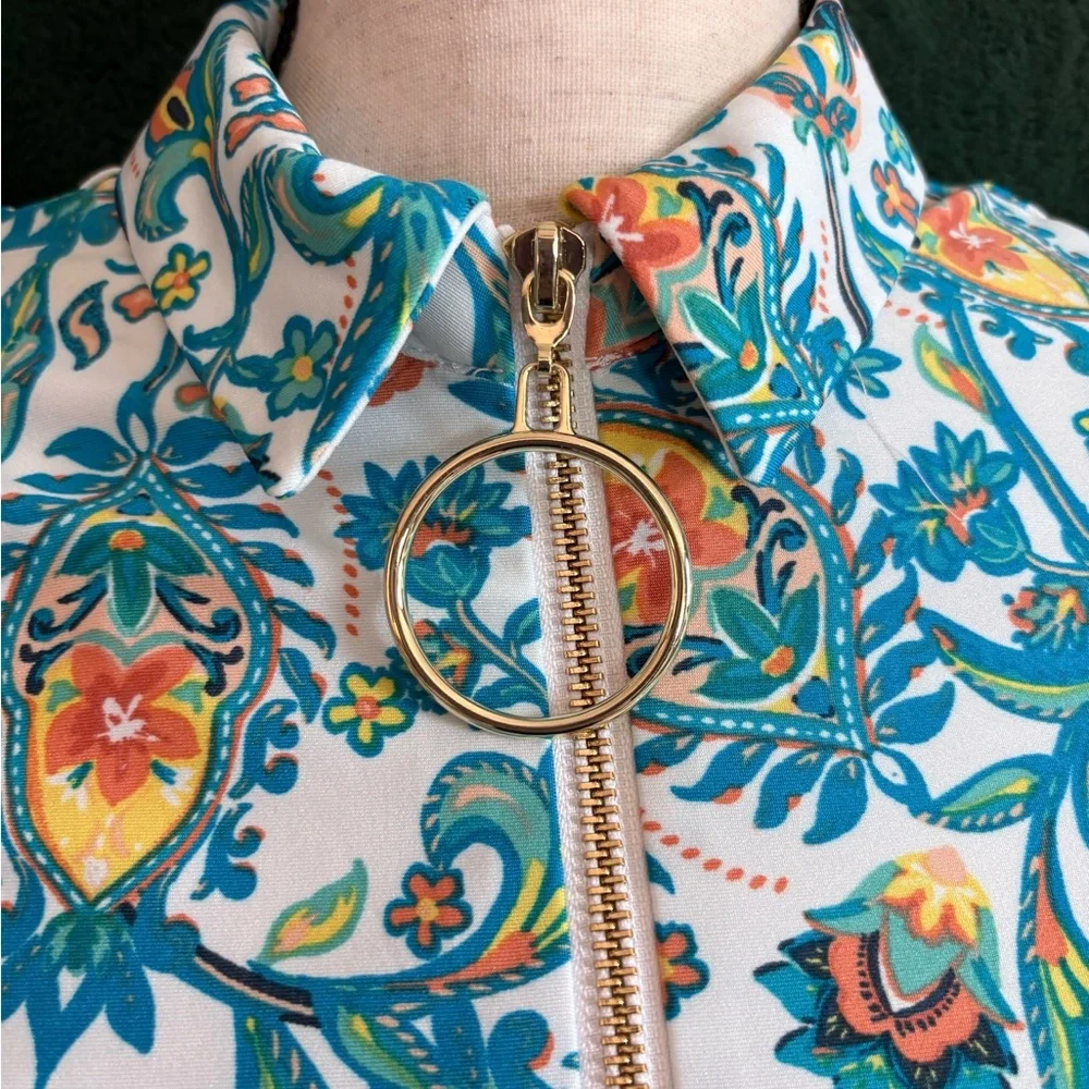 MSK Teal and White Floral Collared Midi Dress with Orange Accents - Picture 3 of 6